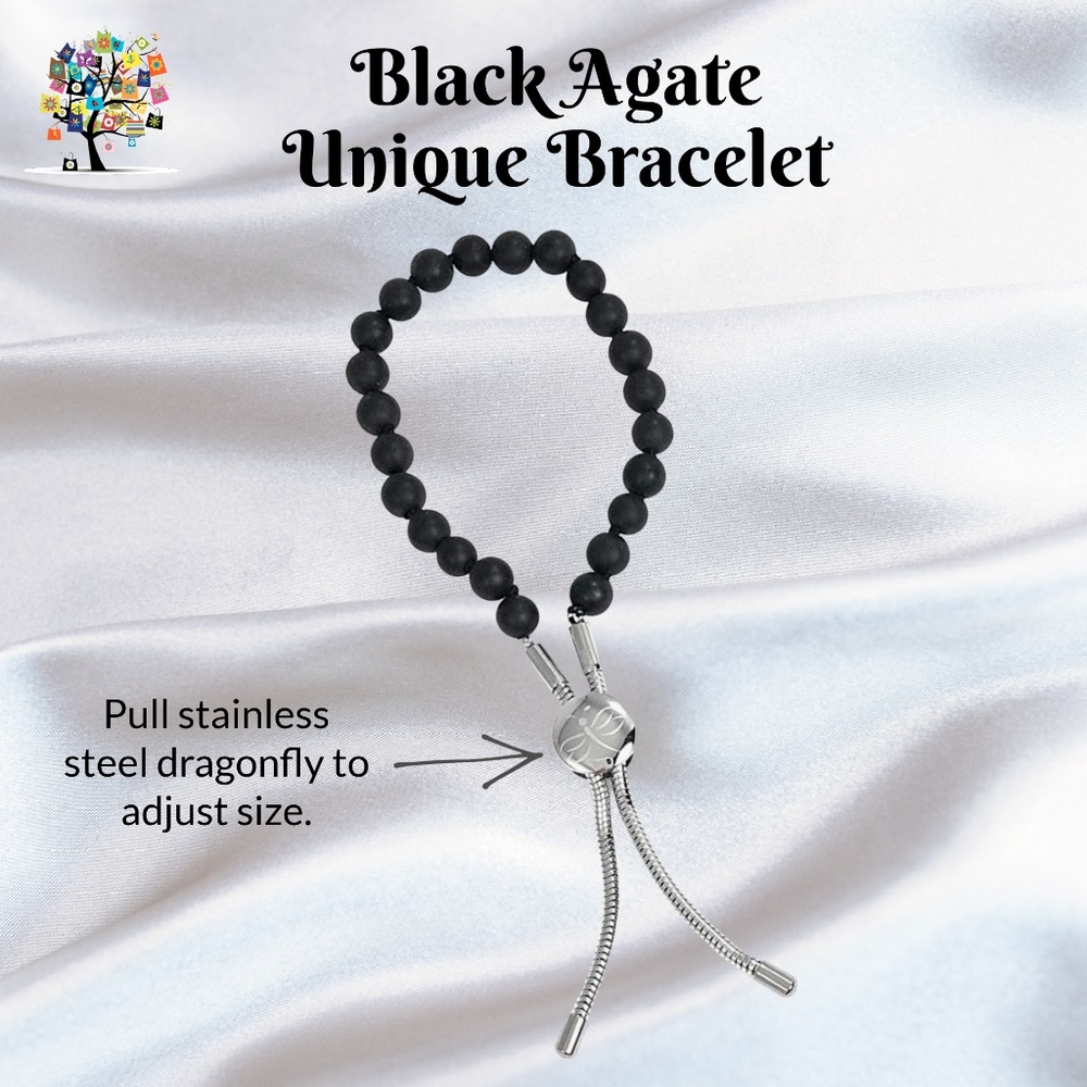 Black Agate Bracelet 5mm Beads Stainless Steel Unique Pull with Dragonfly Symbol